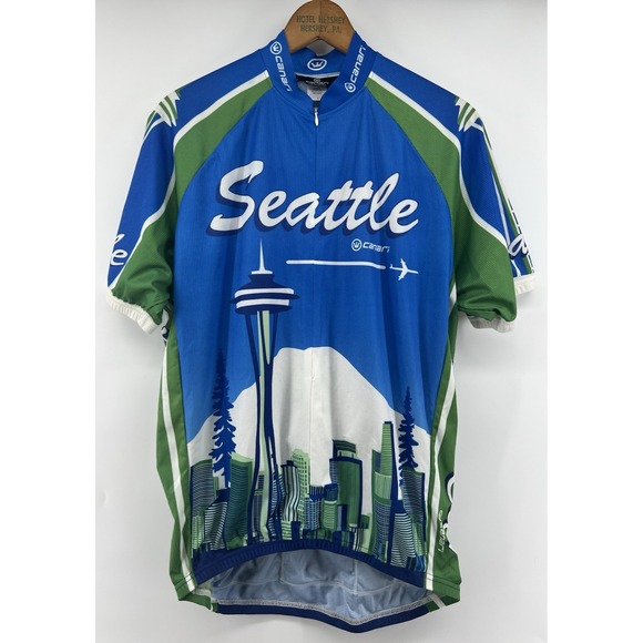 Canari Tops - Canari Cycling Jersey Mens Large Seattle Blue Green White 1/2 Zip